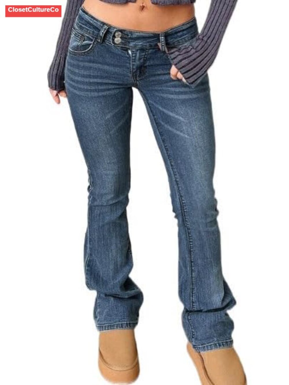 Women's Stretch Low Rise Double Button Elastic Skinny Vintage Flare Jeans